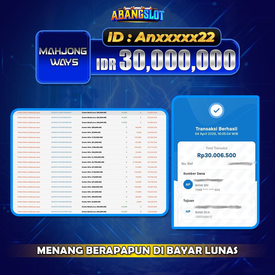 ABANGSLOT - JACKPOT SEBESAR RP.30,000,000,- DI GAME MAHJONG WAYS 1